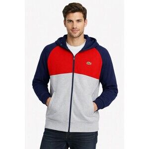 Lacoste Hoodie Sweatshirt Mens Small Navy Red Gray  Colorblock Logo Full Zip